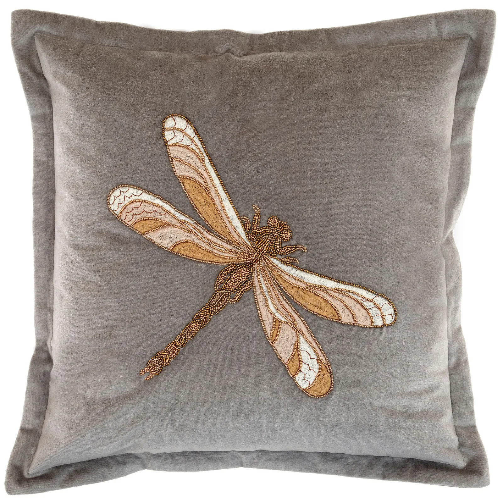 Voyage Maison Aria Velvet Embroidered Dragonfly Cushion in Grey 2