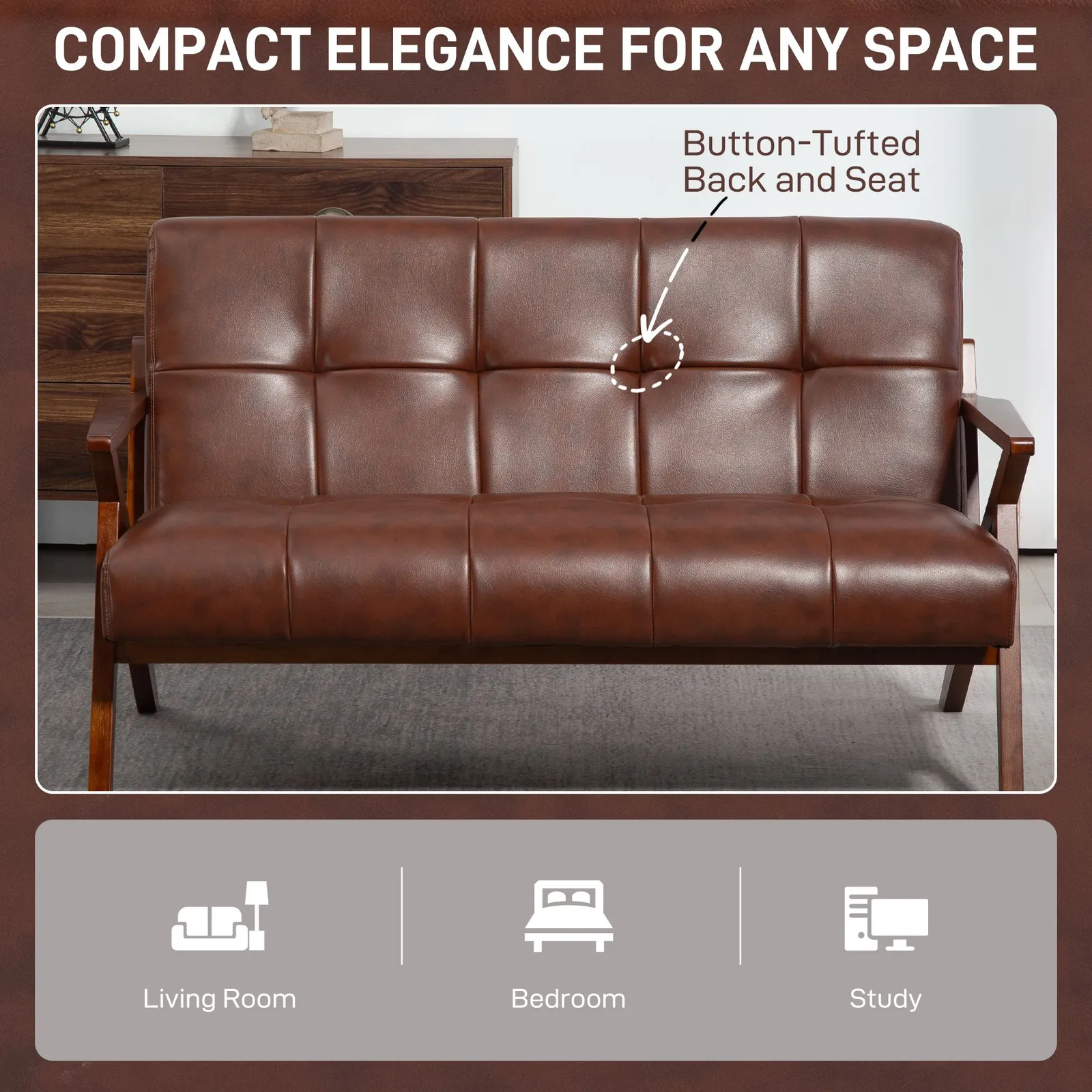 HOMCOM Compact Small Sofa with Solid Wood Frame, Vintage 2 Seater Sofa Brown 5