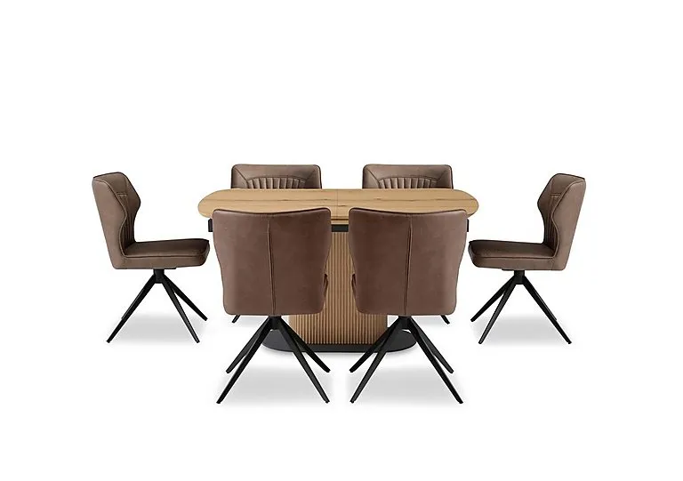 Jayden Pop Up Extending Dining Table and 6 Faux Leather Swivel Chairs - 140-cm - Light Brown