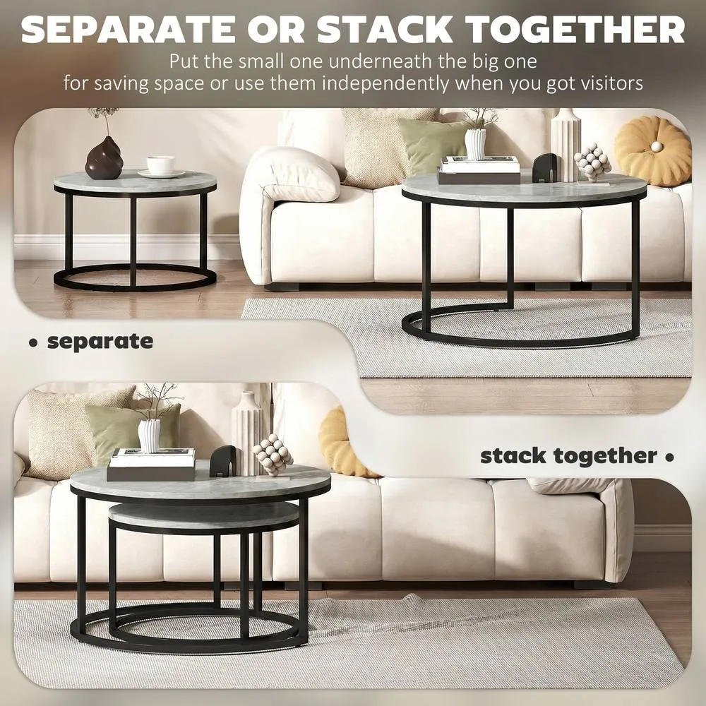 HOMCOM 2 Pcs Stacking Coffee Table Set Steel Frame in Grey 5