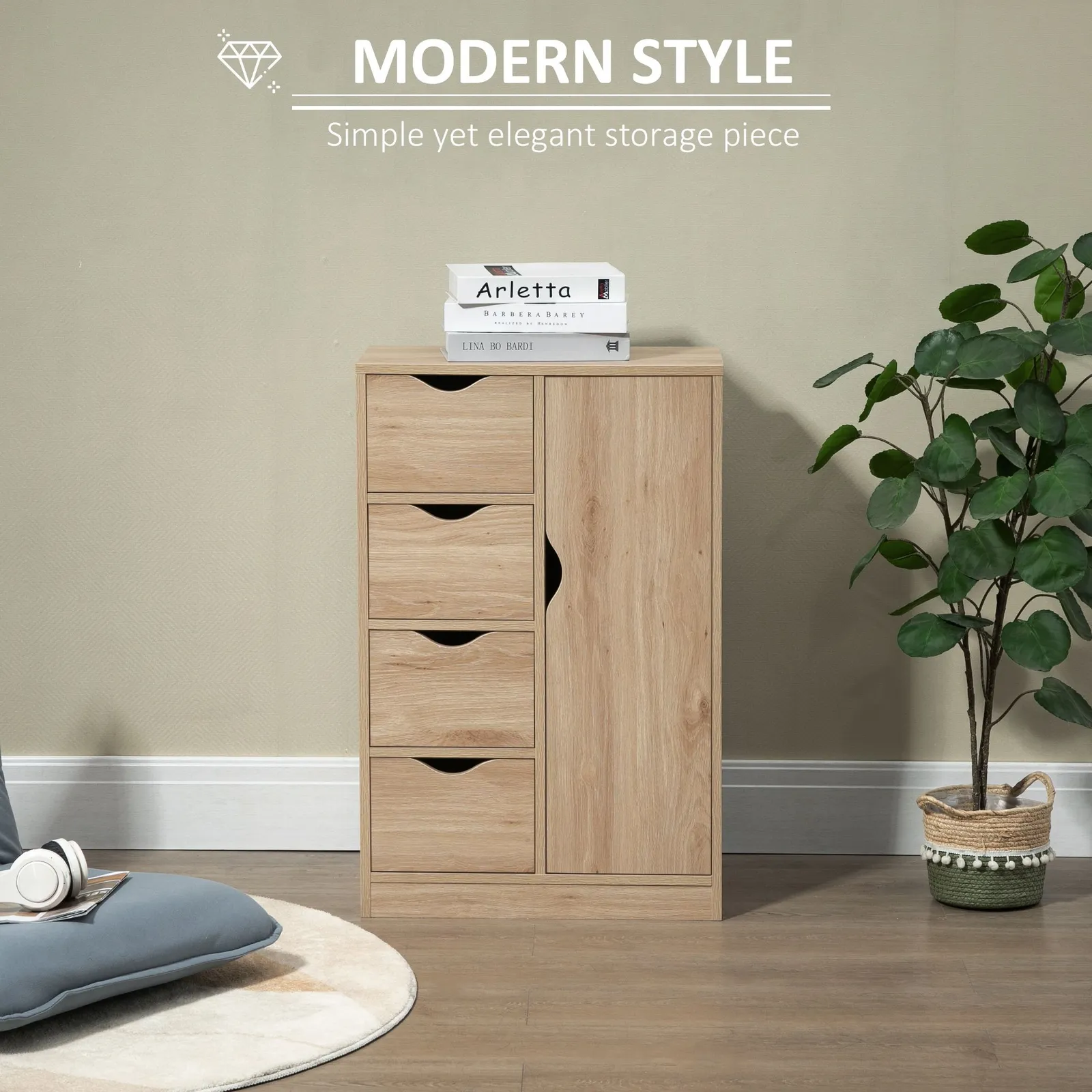 HOMCOM Bathroom Floor Cabinet Freestanding Storage Unit with 4 Drawers for Living Room in Light Brown 4