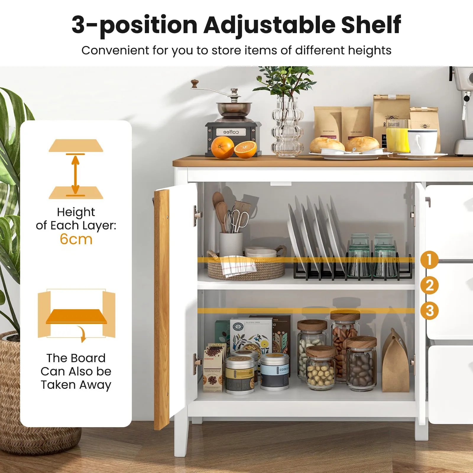 Costway Buffet Cabinet Wooden Kitchen Cupboard w/2 Door & 3 Pull-out Drawers in White 3