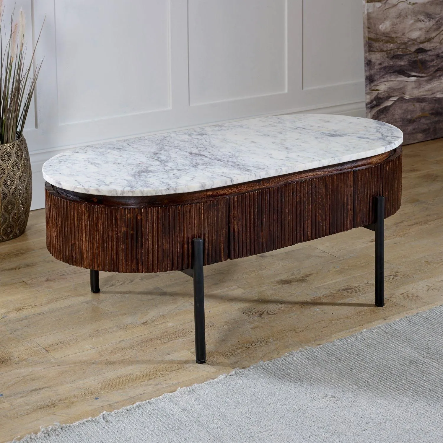 IH Design Tilden Marble & Mango Wood Rectangular Fluted Coffee Table in White