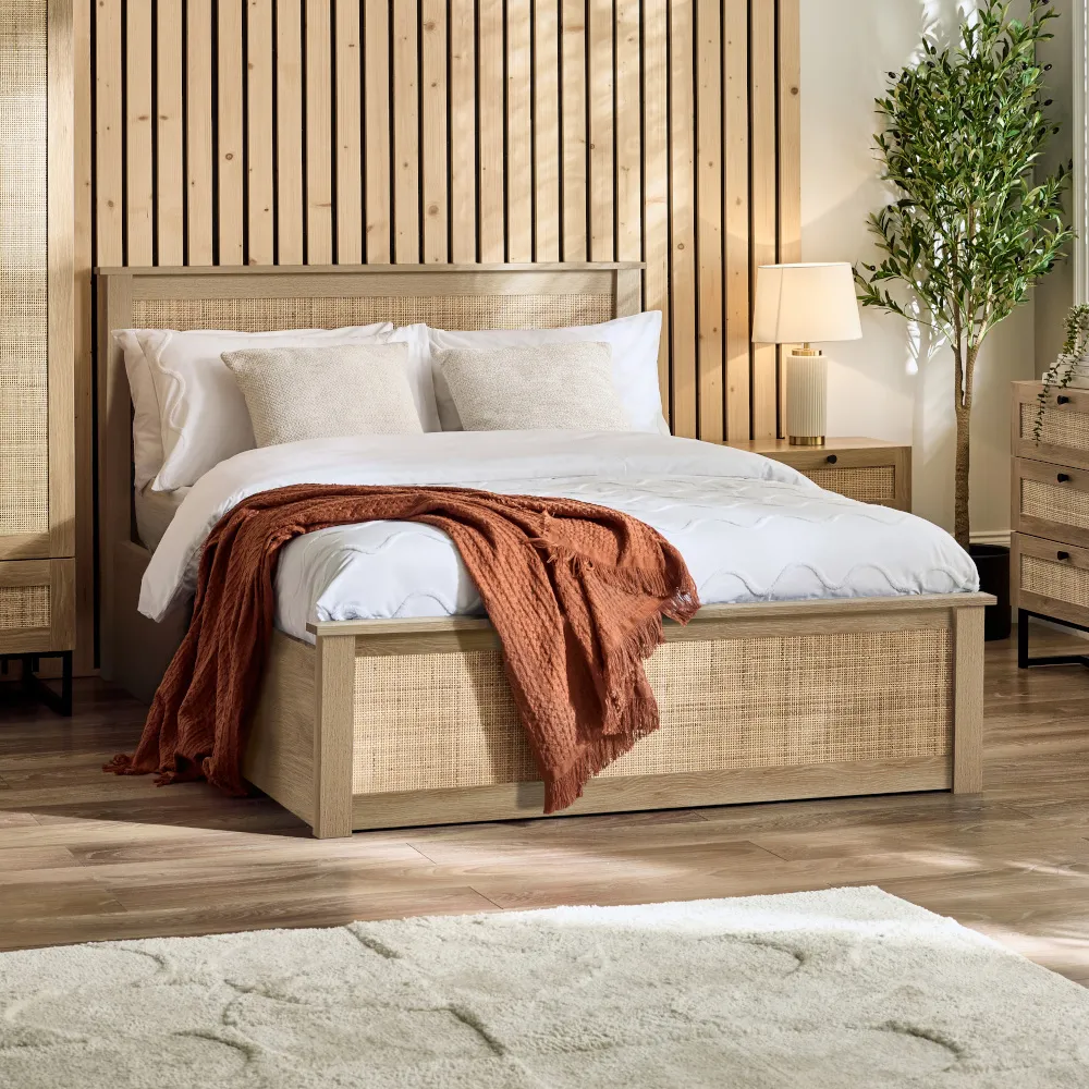 Padstow - King Size - Rattan Ottoman Storage Bed - Oak - Wooden - 5ft - Happy Beds 1