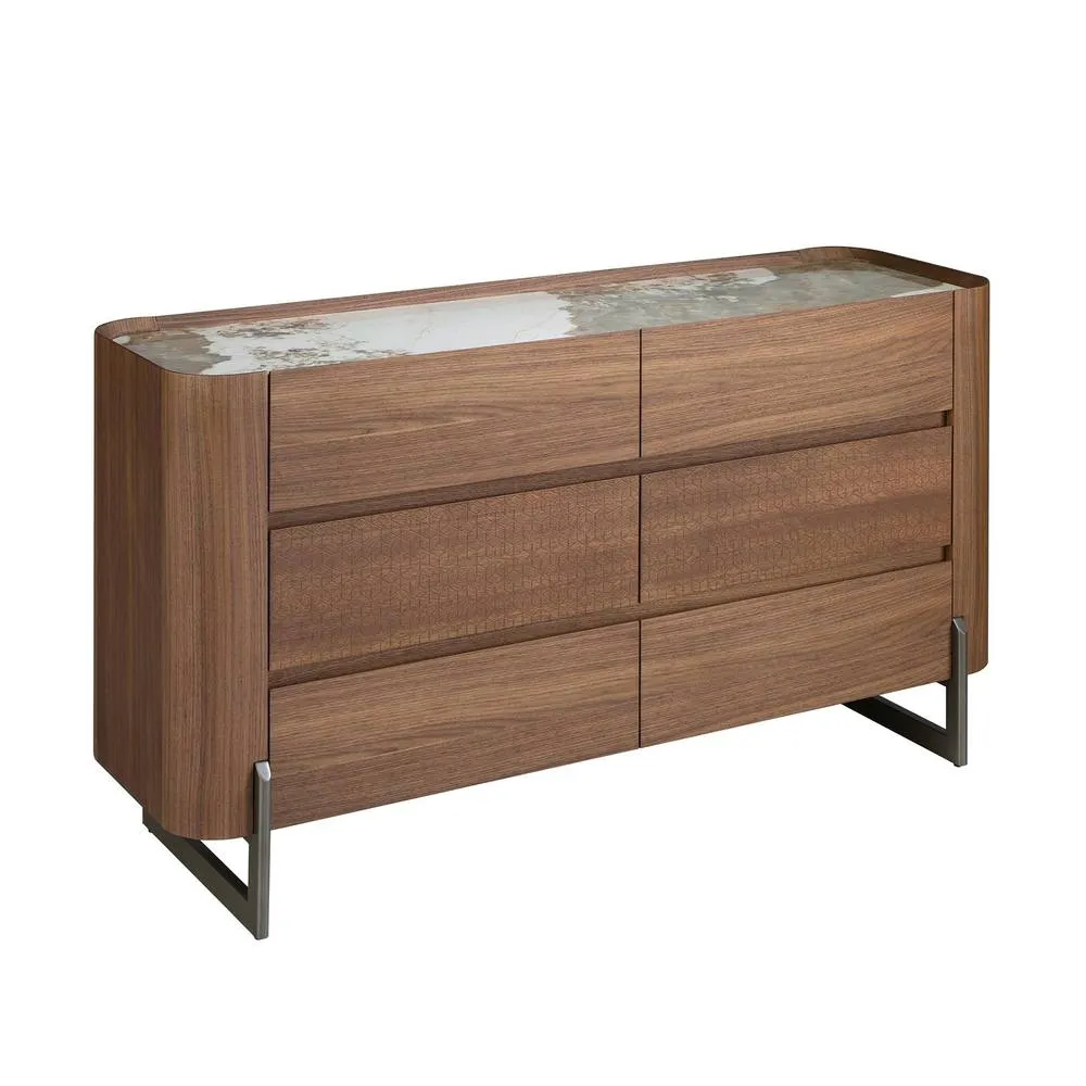 Angel Cerda Walnut Veneer 6-Drawer Chest with Porcelain Marble in Brown