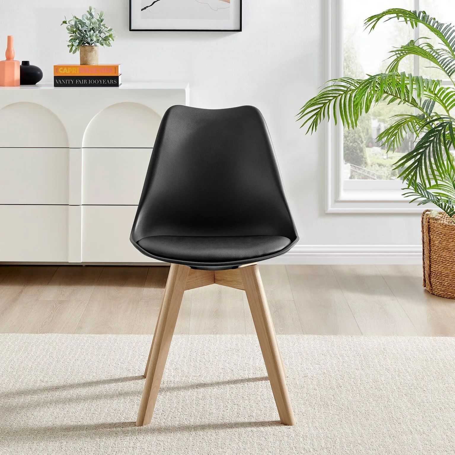 FurnitureboxUK Set of 2 Stockholm Natural Birch Wood Scandi Minimalist Dining Chairs with Faux Leather Cushion in Black 2