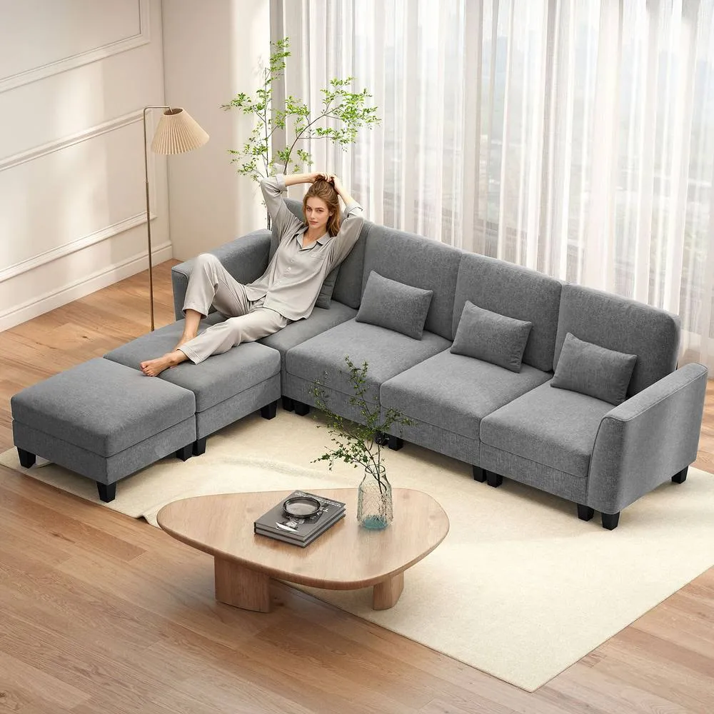 Costway Sectional Sofa with 2 Ottomans 4 Seat Sofa Set with Double Chaise in Grey 3