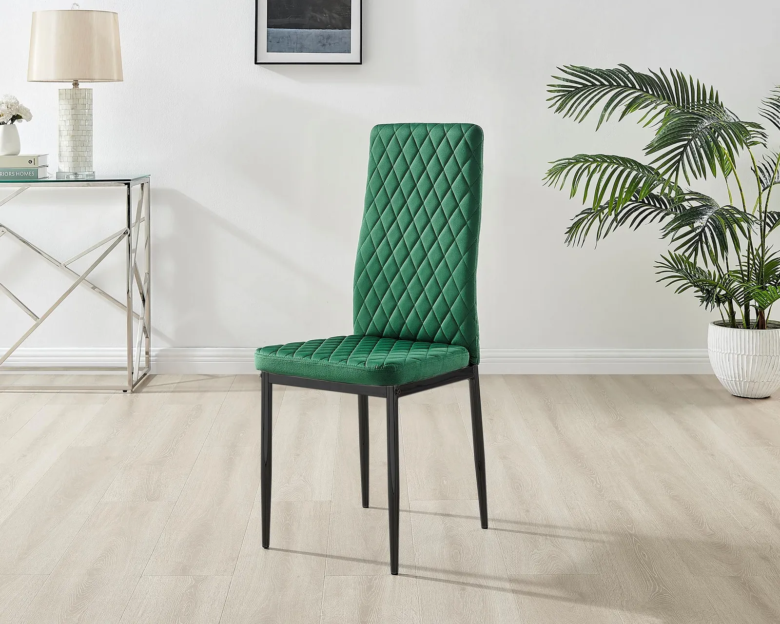 FurnitureboxUK Set of 4 Milan High Back Soft Touch Diamond Pattern Velvet Dining Chairs With Black Powder Coated Metal Legs in Green 3