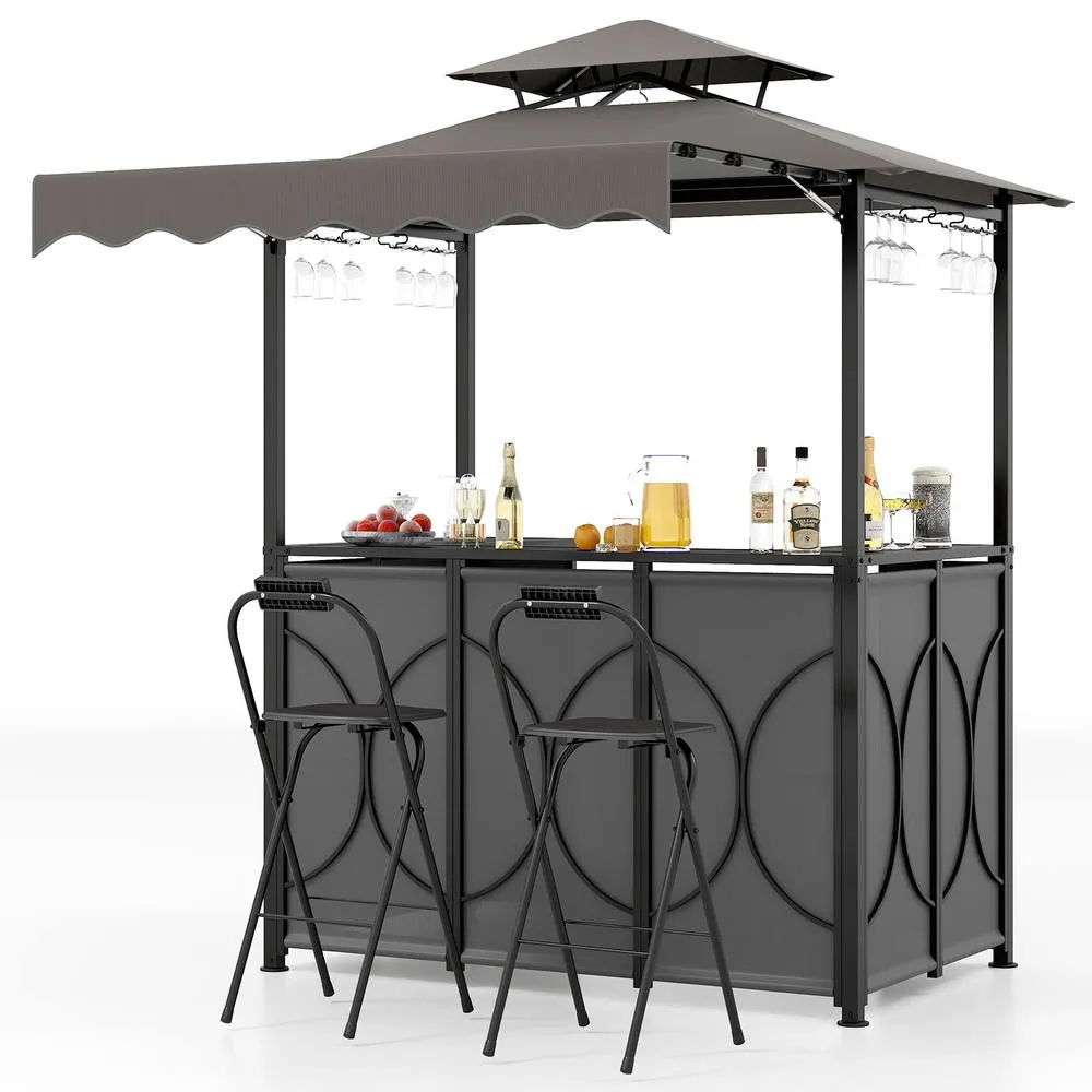 Costway Grill Gazebo w/ Awning Outdoor BBQ Canopy w/Table & 2 Foldable Chairs in Grey