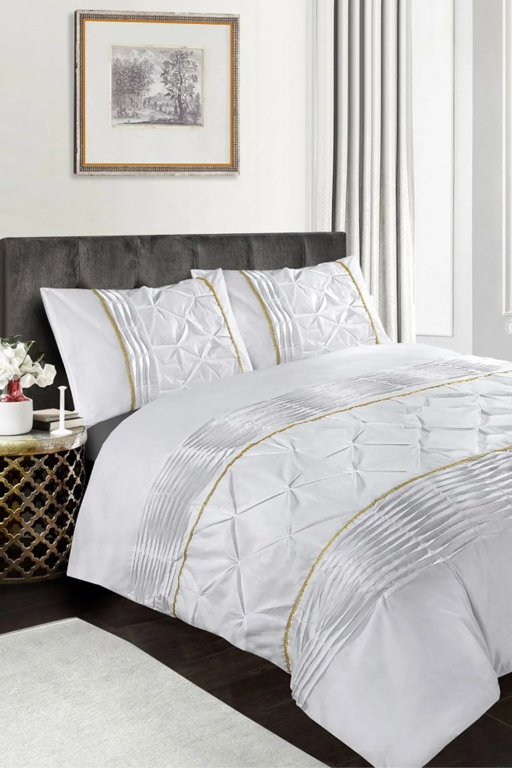 HomeSpace Direct Eleanor Embellished Pintuck Glitter Detail Duvet Cover Set in White
