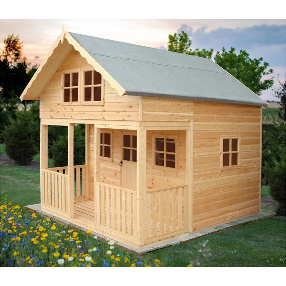 Shires Lodge 8x9 ft Single Door with Three Opening Windows Playhouse in Light Brown