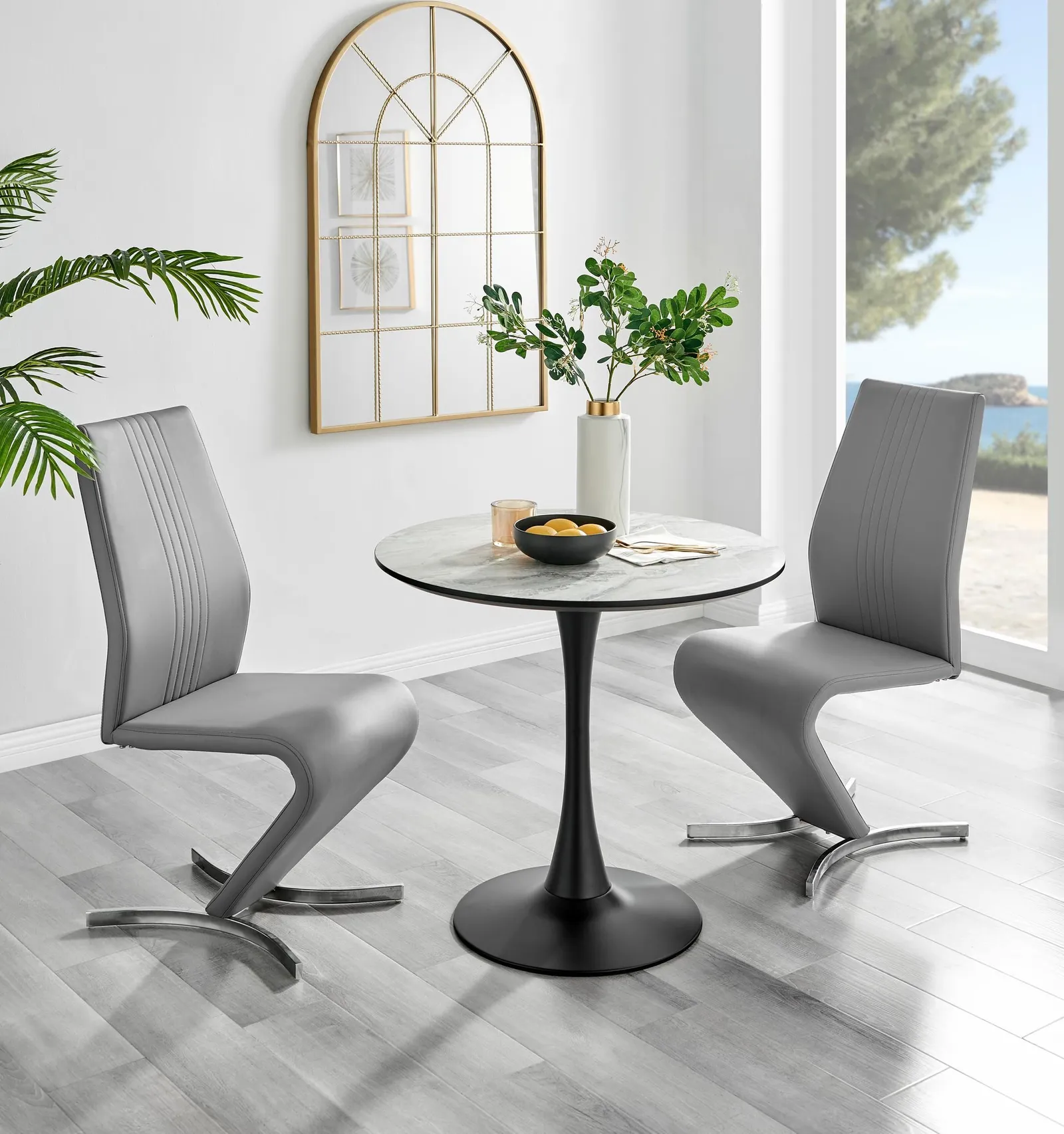 FurnitureboxUK Elina White Marble Effect Scratch Resistant Dining Table & 2 Willow Faux Leather Chairs in Grey 1