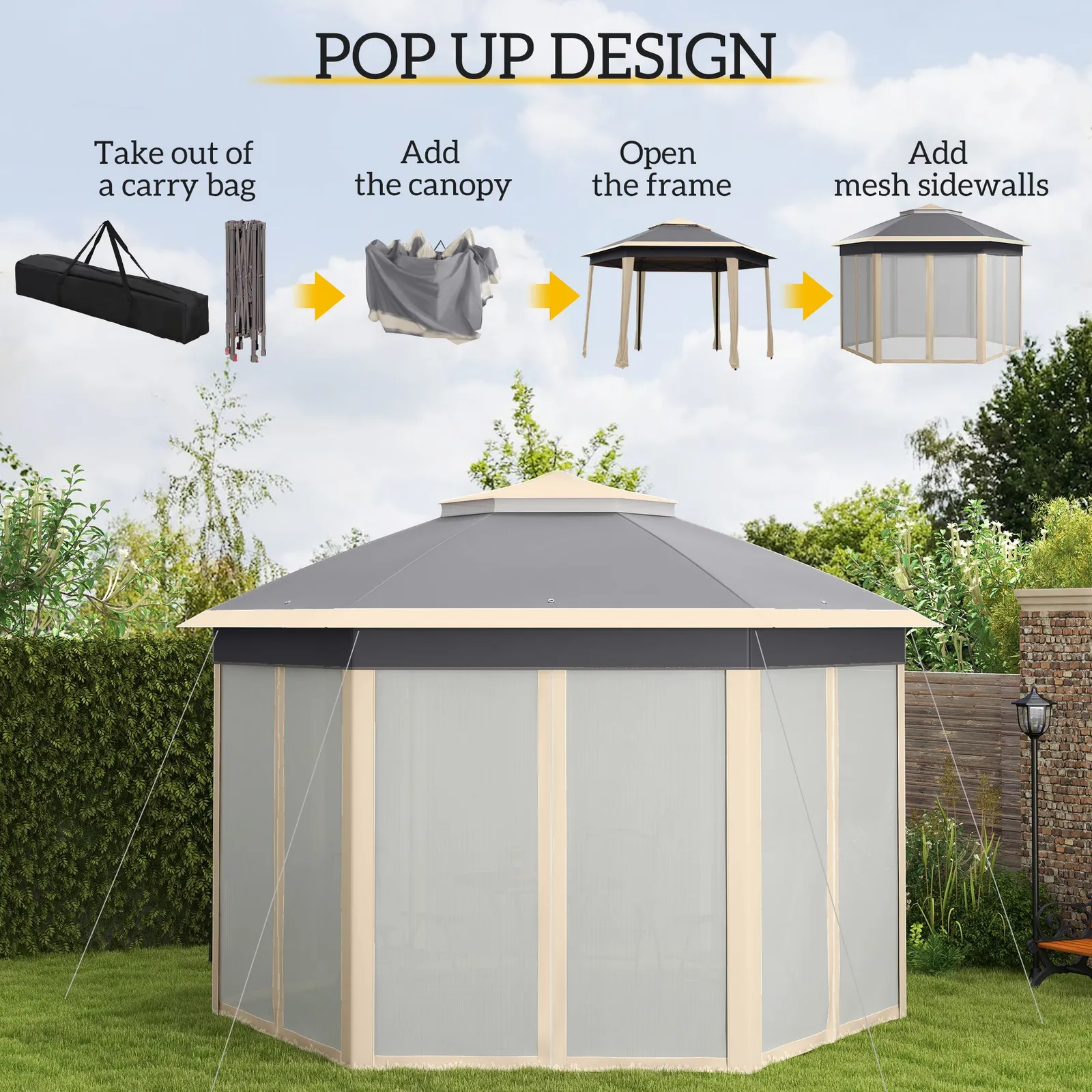 OUTSUNNY 3x4m Hexagon Gazebo w/ Metal Frame Mesh Curtains Outdoor Garden in Khaki 4