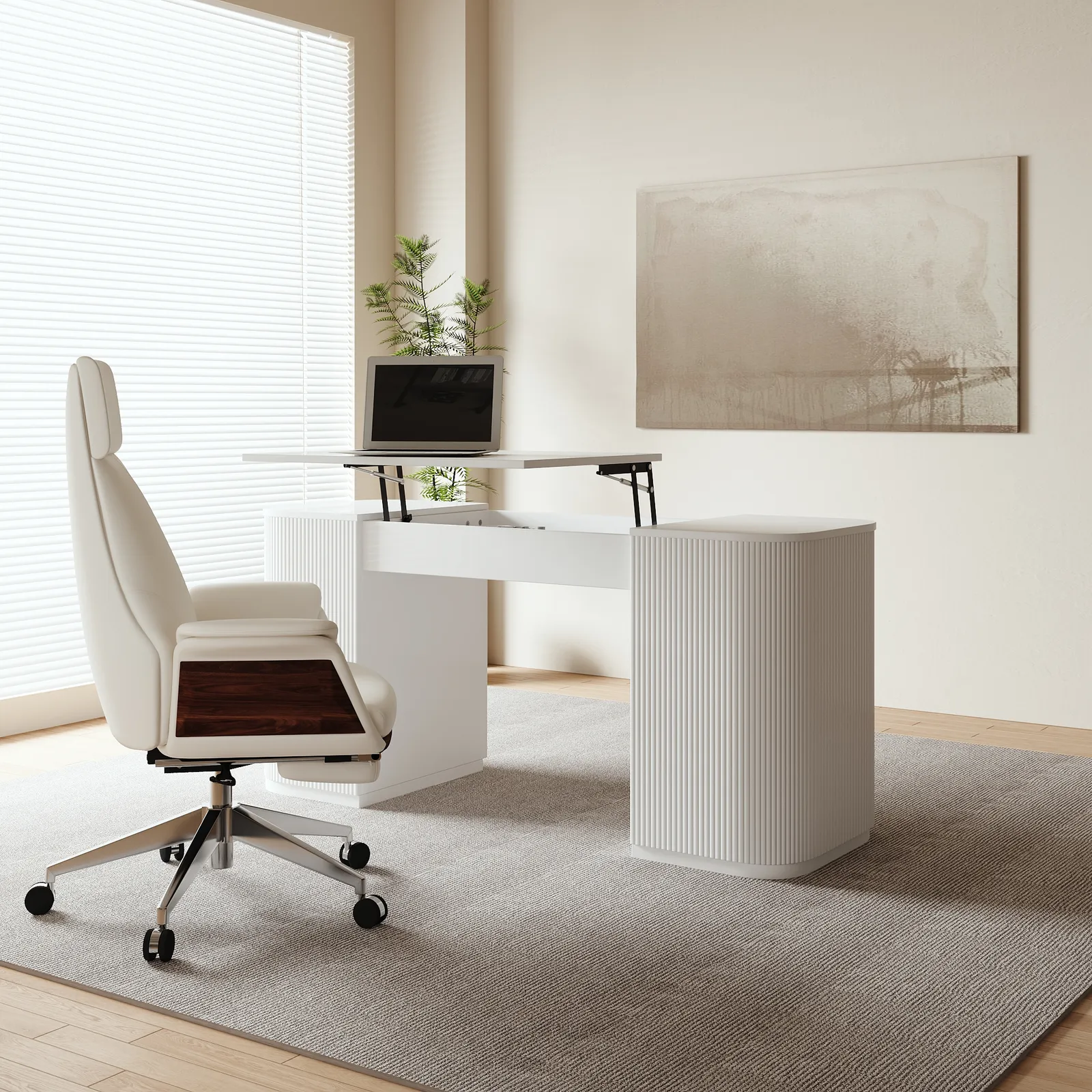 Modern white sitting desk with 2 drawers and storage computer desk 150 cm