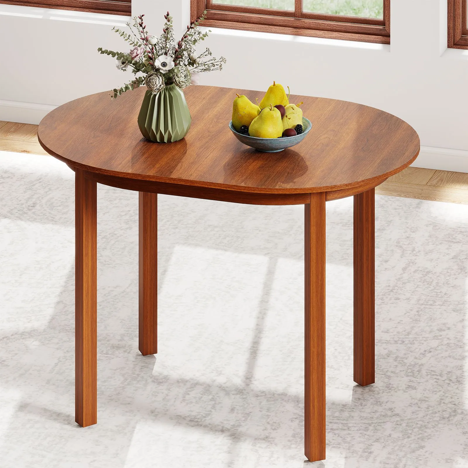 Costway 110CM Wooden Dining Table for 4-6 People Oval Kitchen Table in Walnut