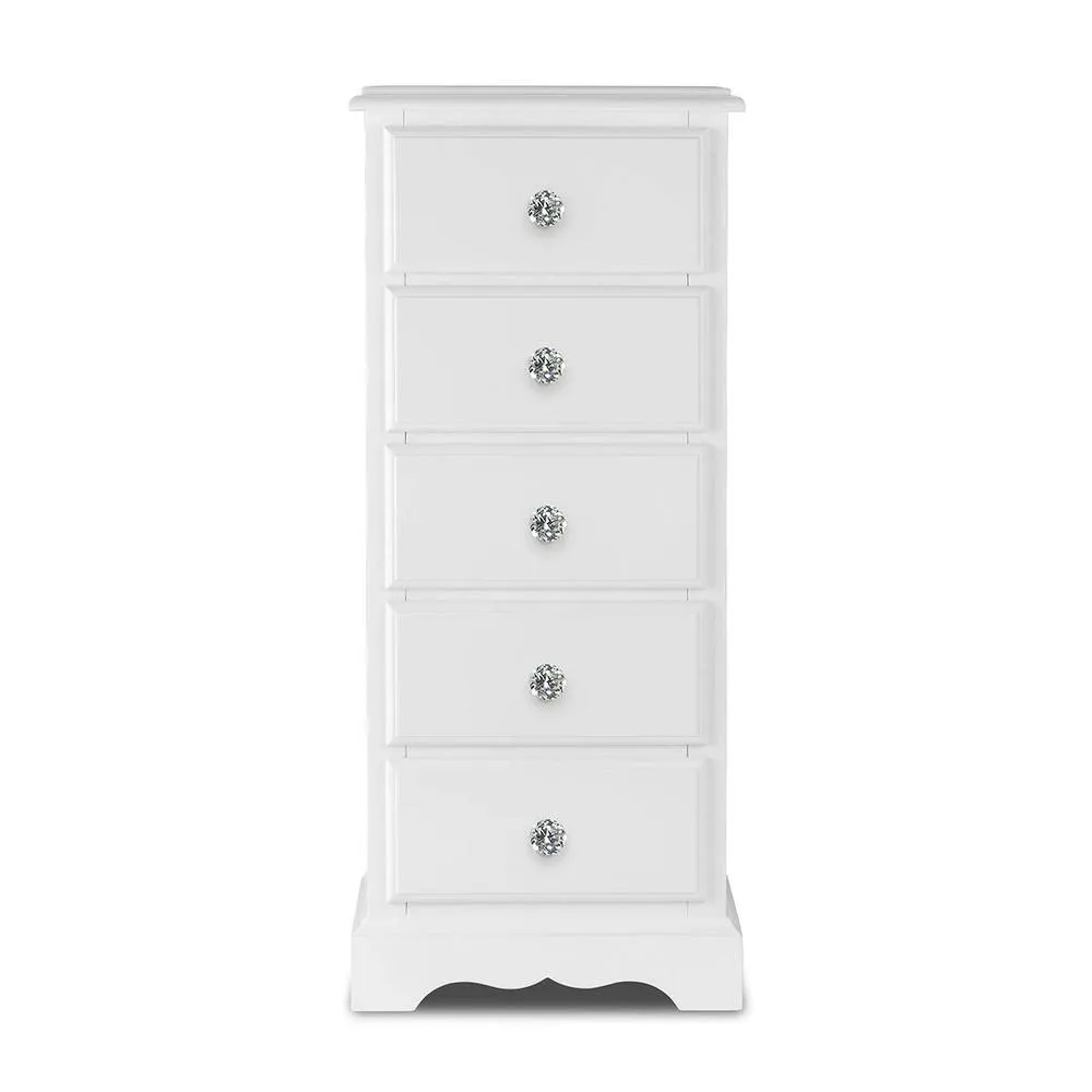 Statement Furniture Romance 5 Drawer Tallboy with Crystal Handles in Cool White 4