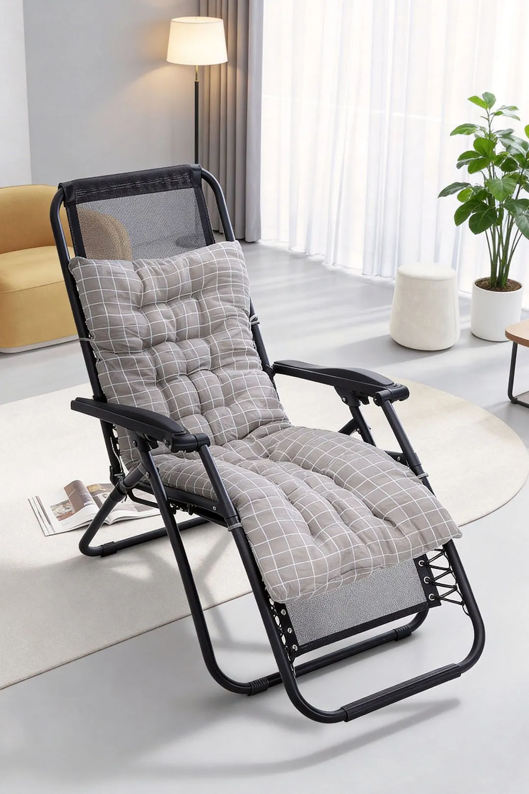Living and Home 110cm L x 40cm W Plaid Print Beach Chair Seat Cushion Button Tufted Lounge Cushion in Grey