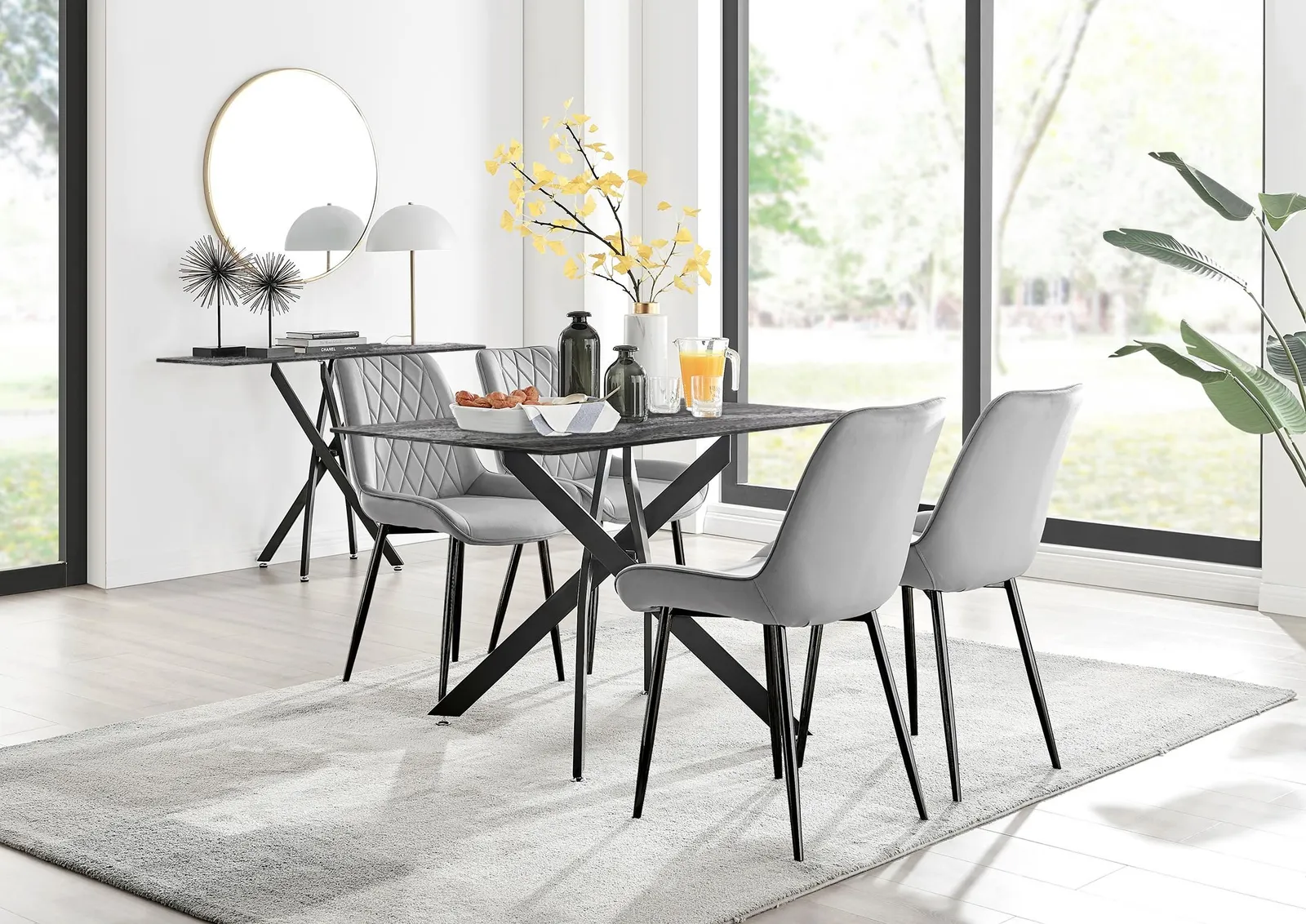 FurnitureboxUK Leonardo Grey Glass Marble Effect Black Leg Table & 4 Pesaro Black Leg Chairs 1