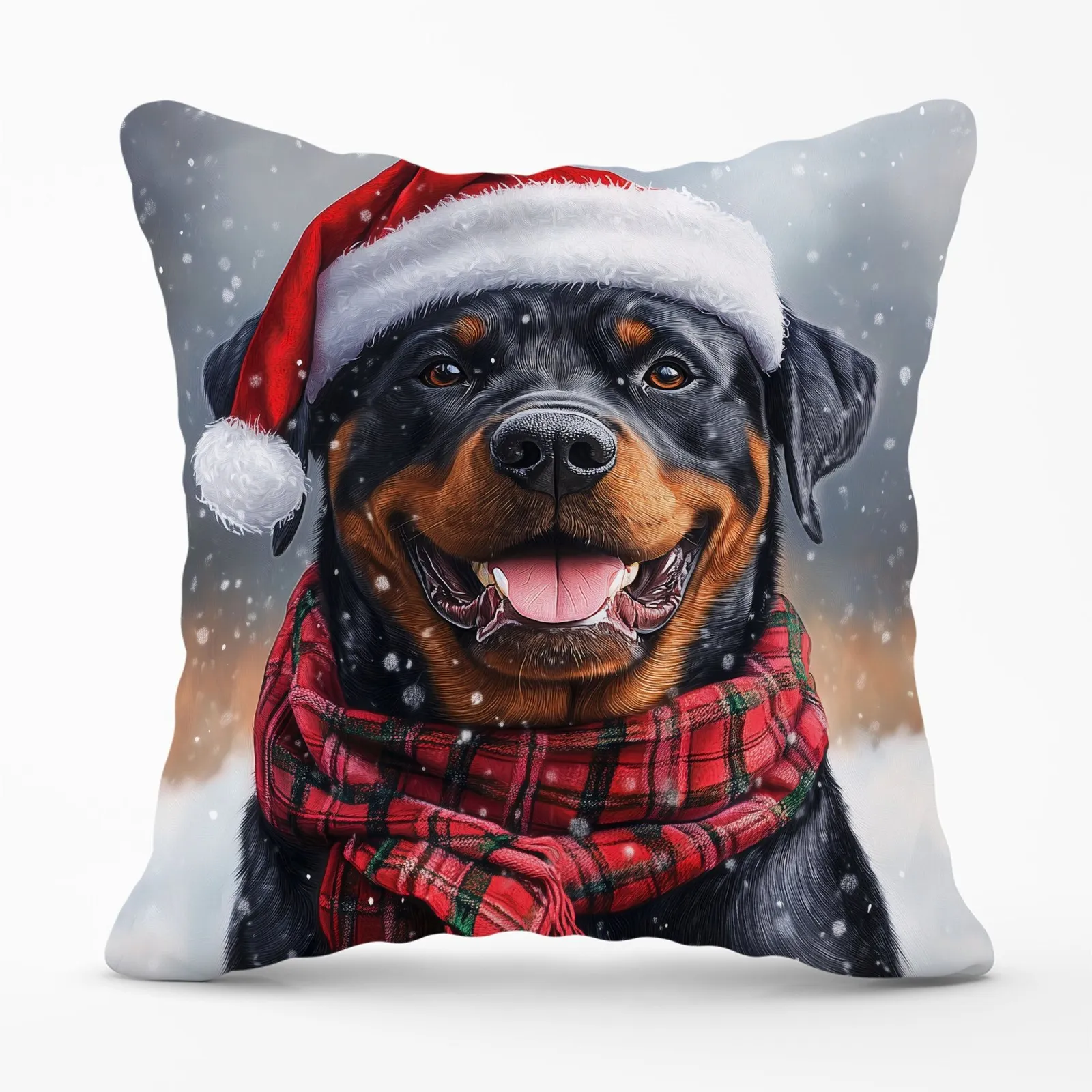 Warren Reed - Designer Snowy Christmas Rottweiler Cushion in Black