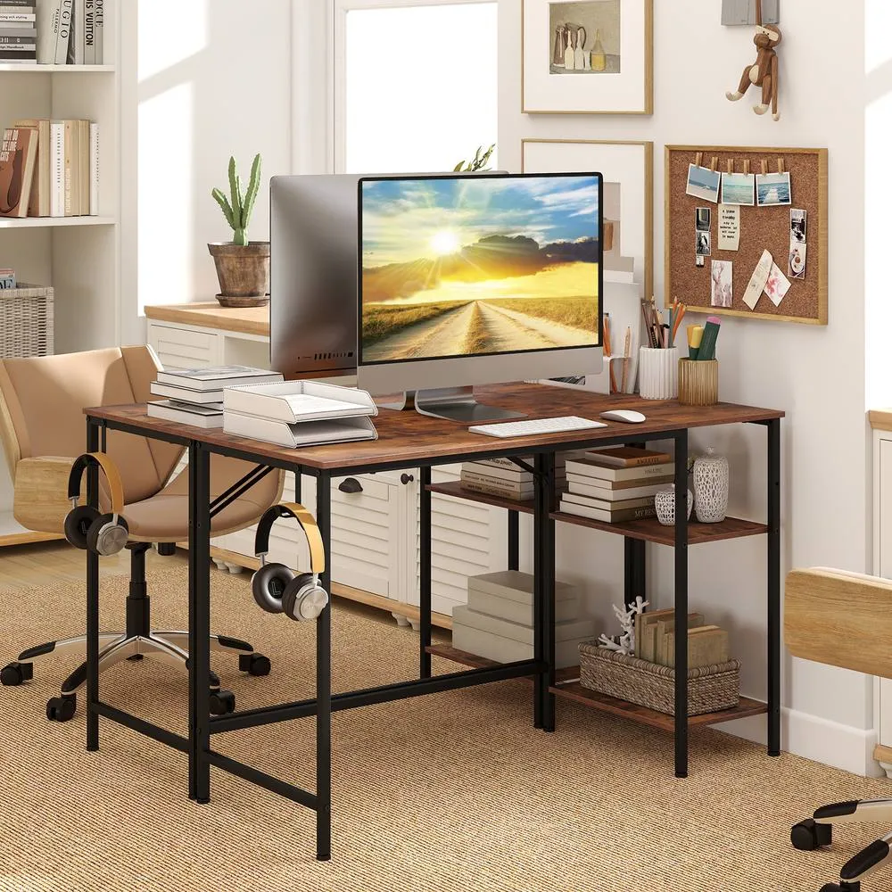 Costway Reversible Home Office Desk with Headphone Hook & Shelves in Brown 5