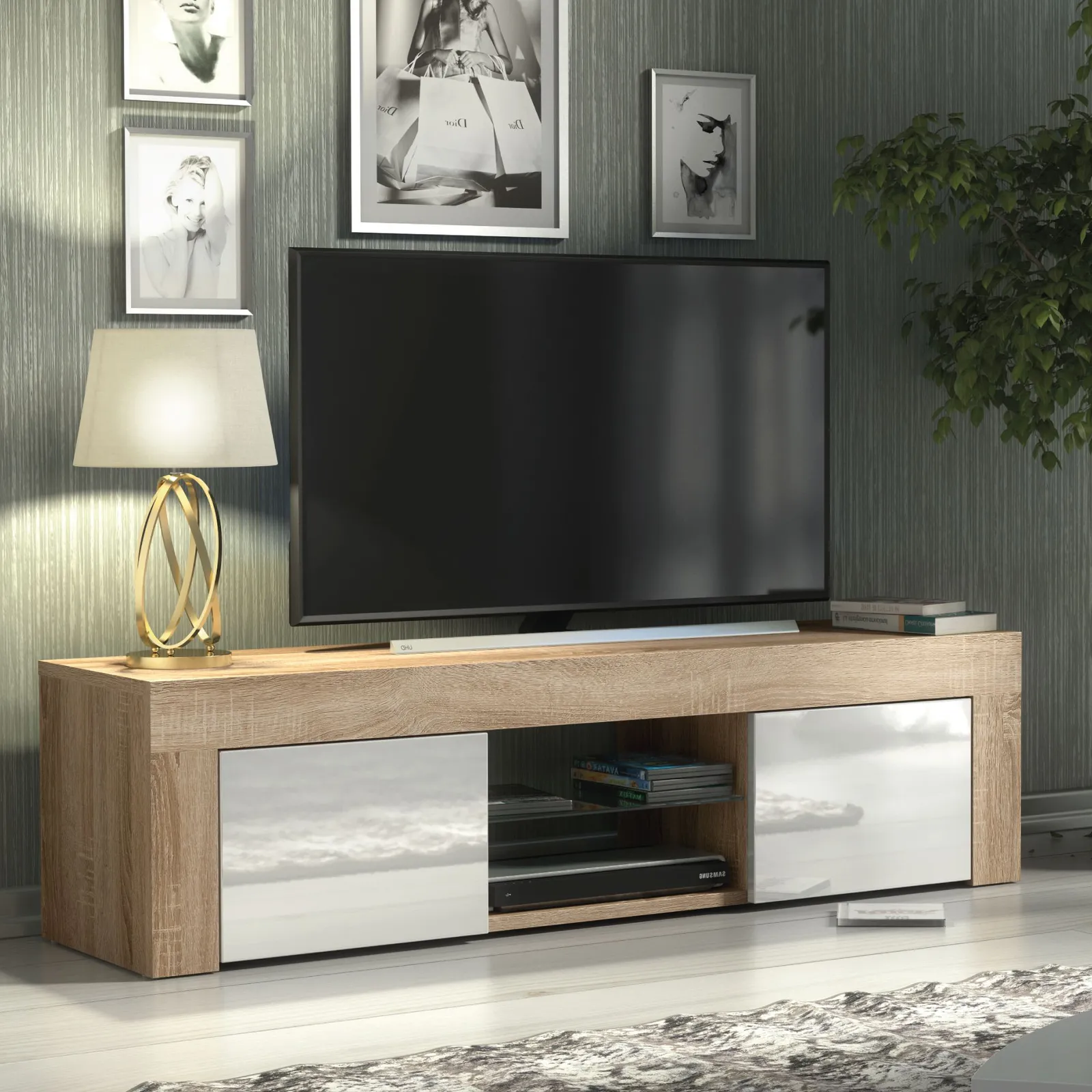 Creative Furniture TV Unit 130cm Modern - Oak with High Gloss White Doors in Light Oak 6