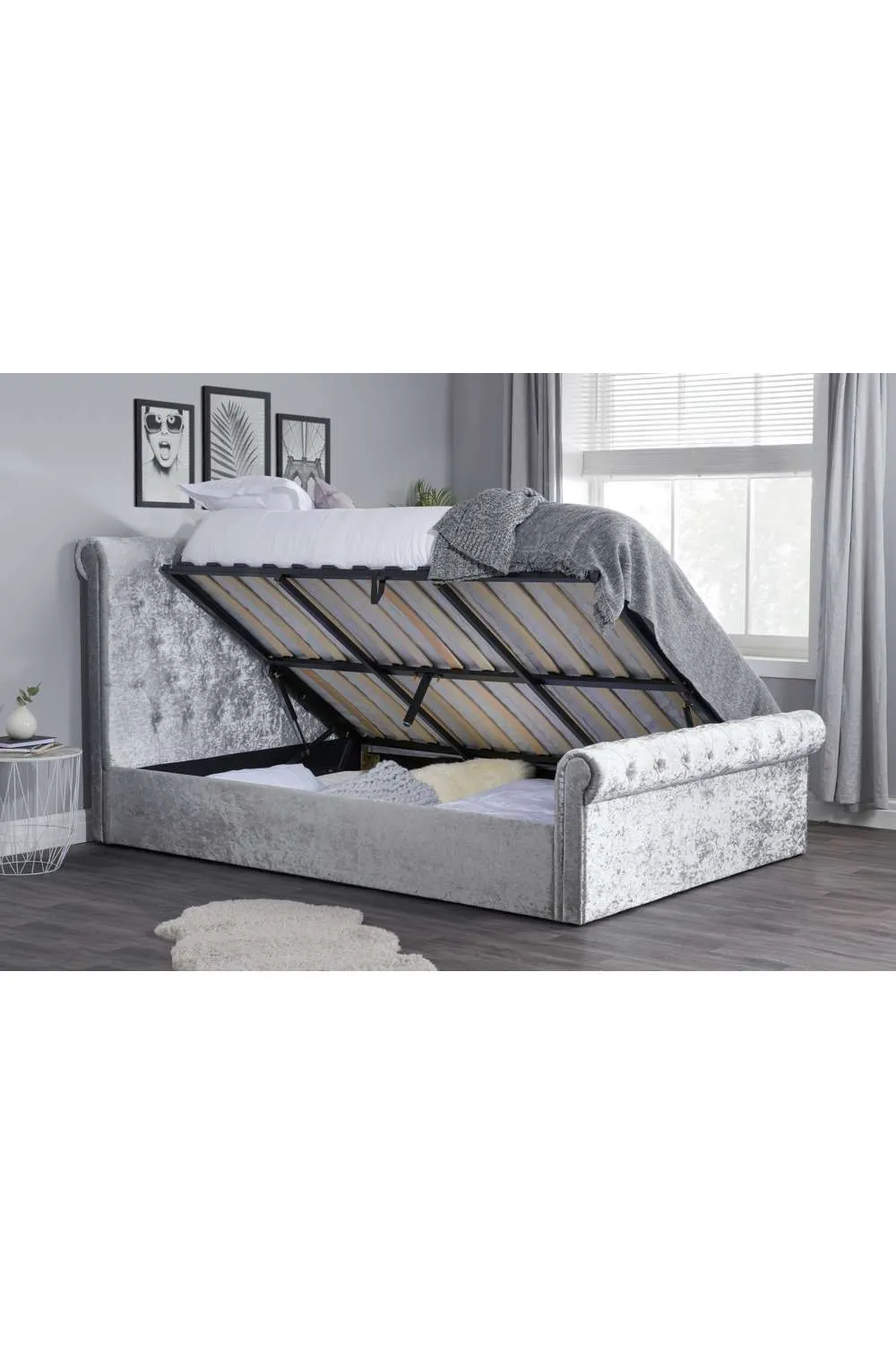 Birlea Grey Fabric Ottoman Bed Frame Storage Sienna Crushed Velvet in Metallic Silver 2