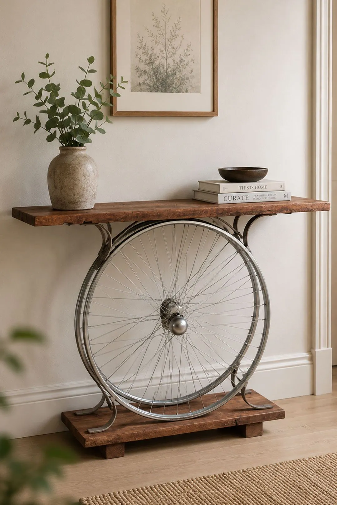 IH Design Natural Reclaimed Wood & Metal Console Table Wheel