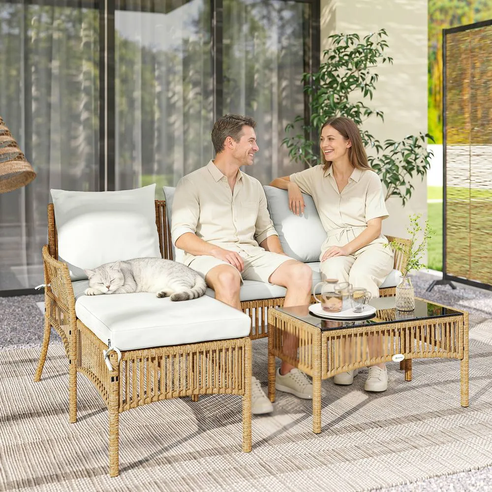 OUTSUNNY 3 Piece Rattan Garden Furniture Set with Cushions, Natural Wood