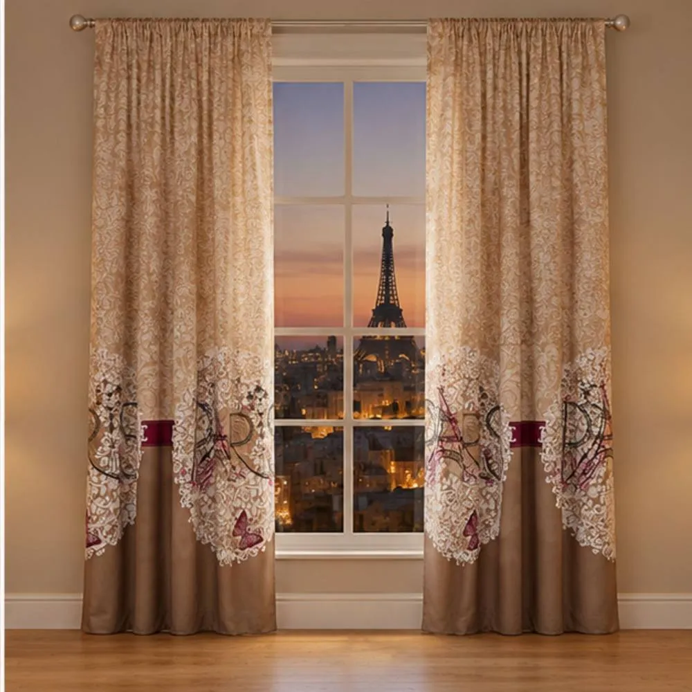 Smart Living Oooh La La Curtains Pair with Tie Backs - Eiffel Tower Print in Natural 2