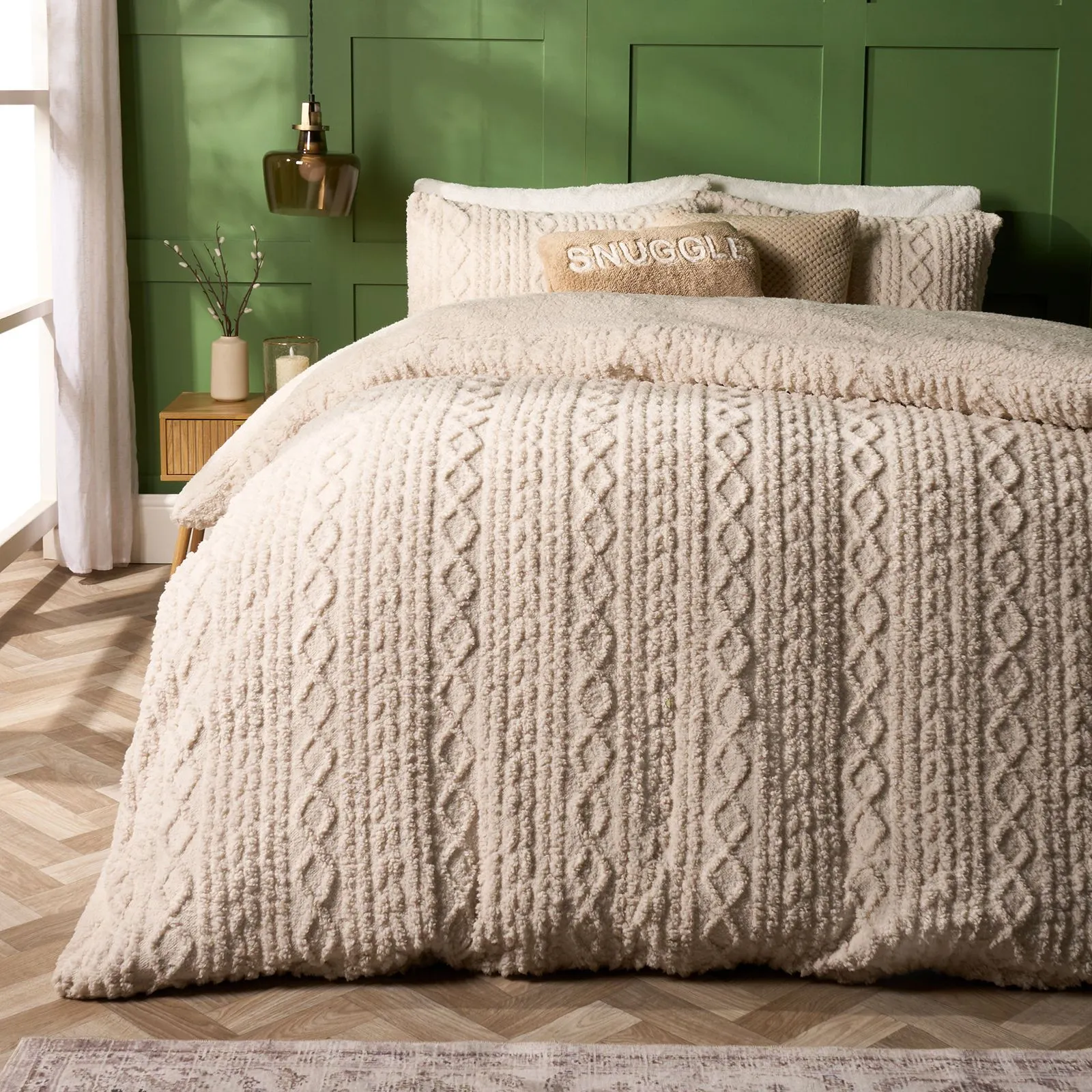 OHS Cable Knit Fleece Duvet Cover Set Warm Reversible Bedding in Natural
