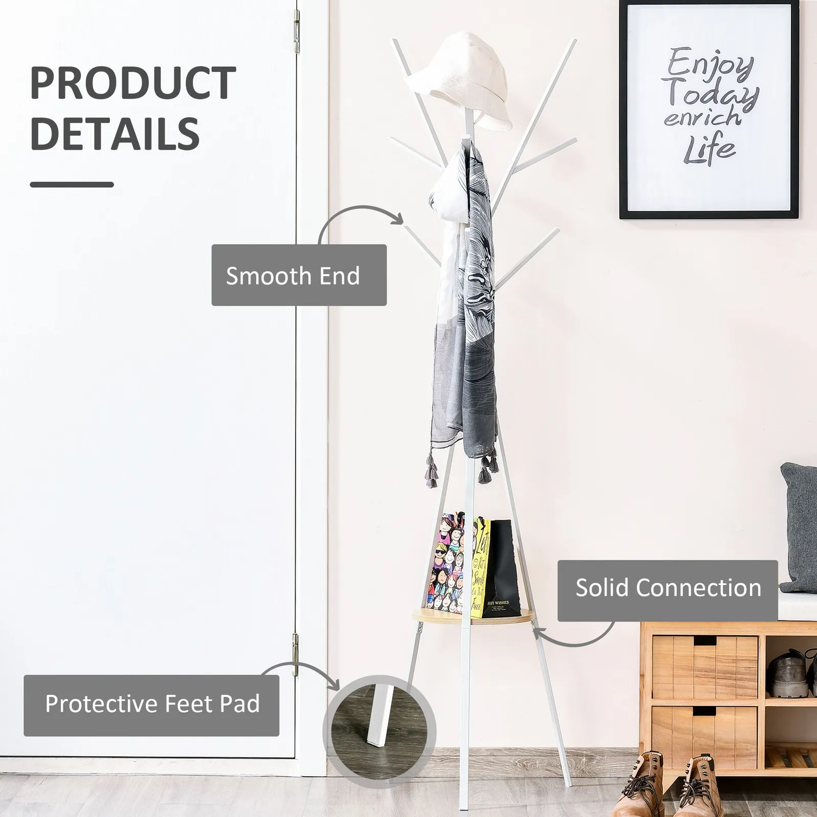 HOMCOM Free Standing Coat Rack Metal Shelf Holder Stand Display Clothes Hat in White 5