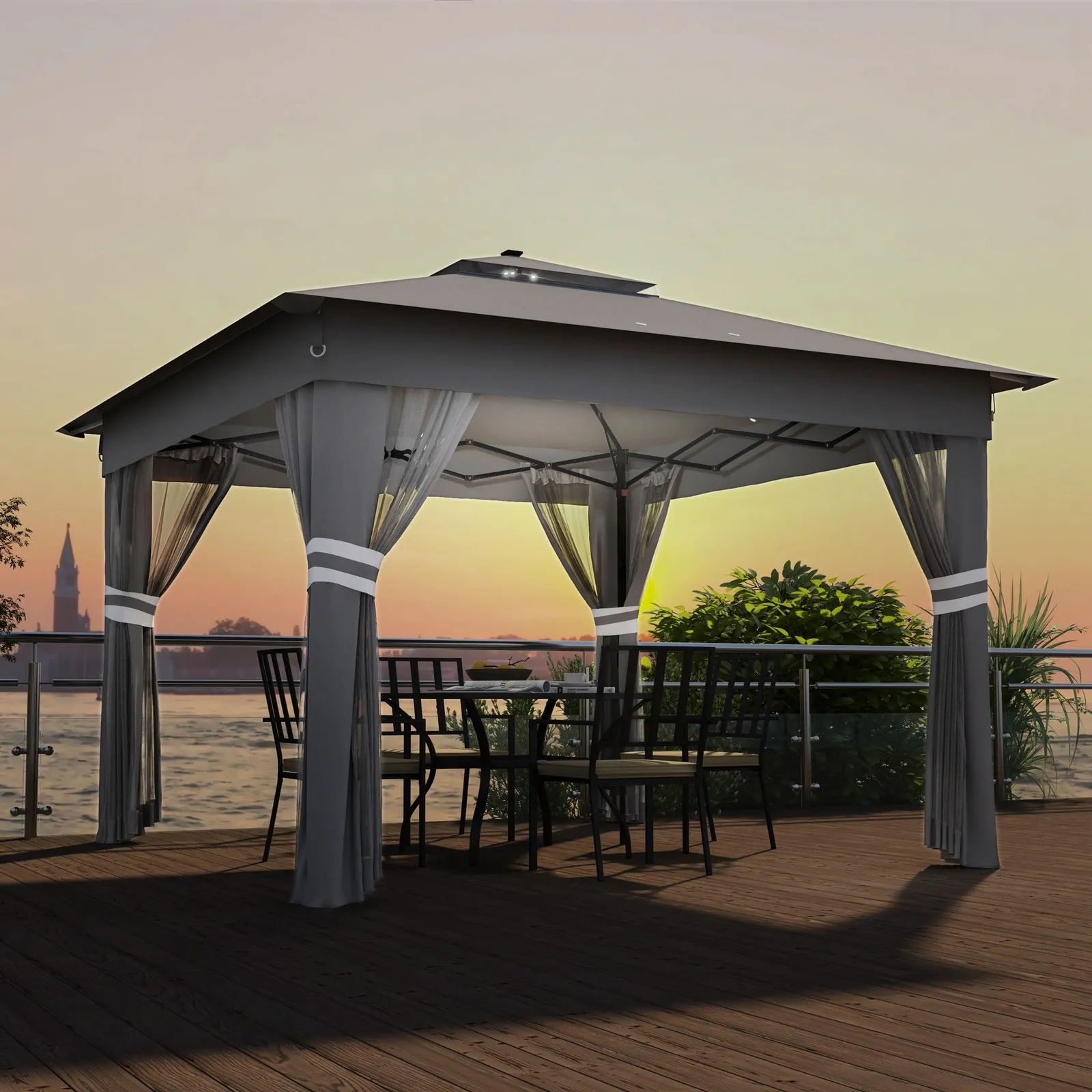 OUTSUNNY 3x3(m) Pop Up Gazebo w/ Solar-Powered LED Lights Curtain Netting in Grey