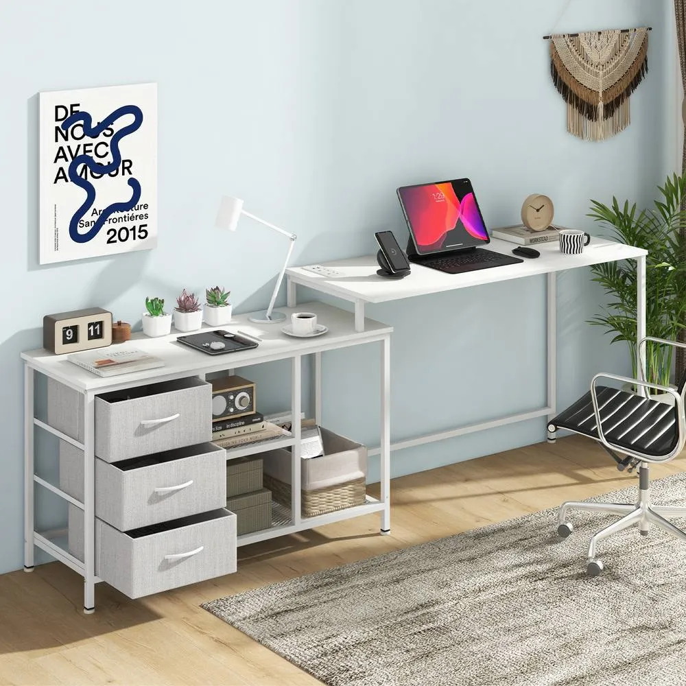 Costway L-Shaped Computer Desk with Drawers & Shelves in White 3