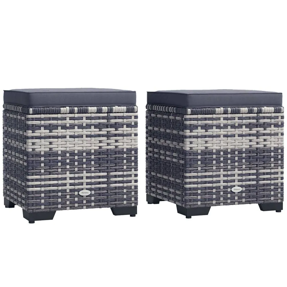 OUTSUNNY Set of 2 Rattan Footstool, Storage Ottoman w/ Cushions, Dark Grey 2
