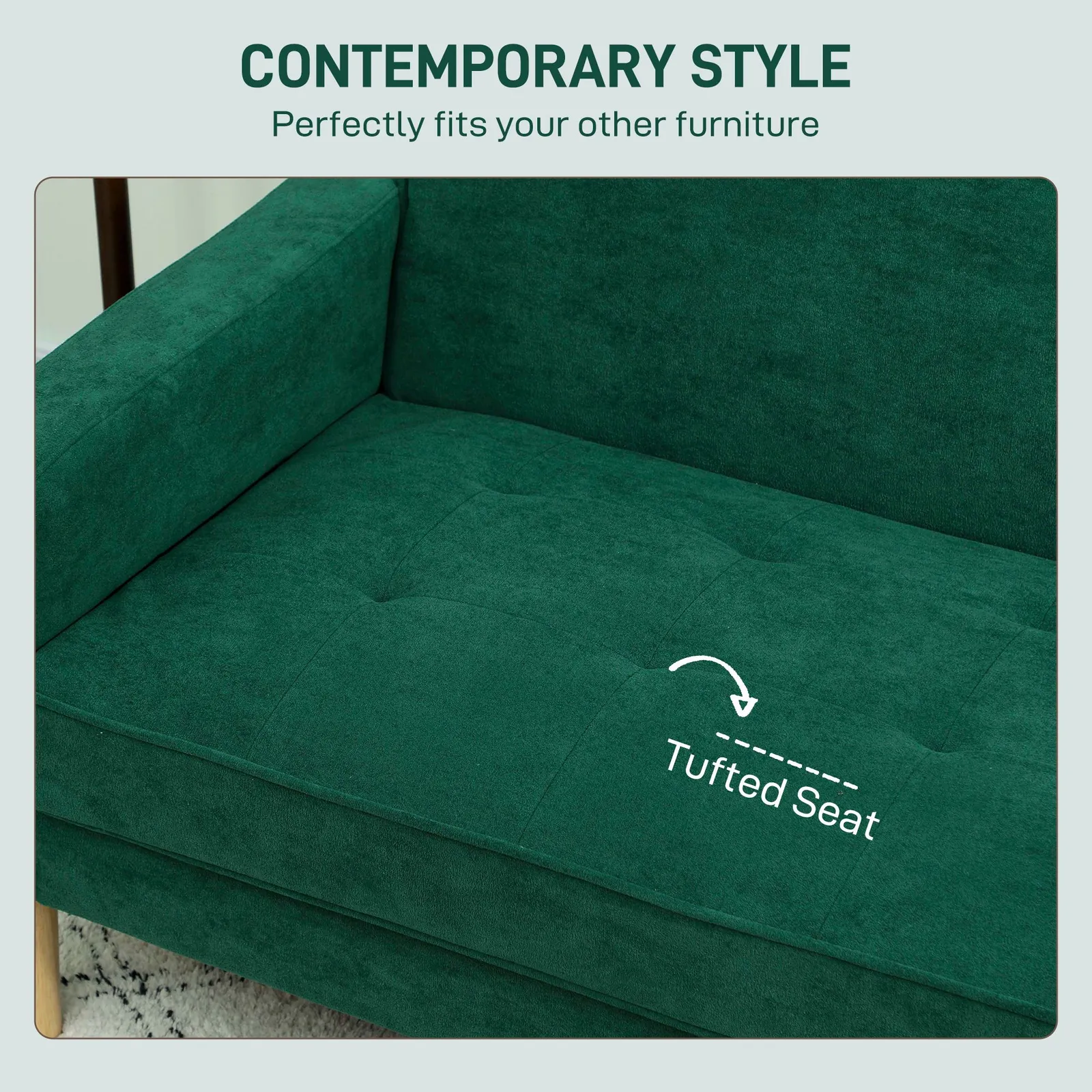 HOMCOM 2 Seater Sofa, Velvet Upholstered Loveseat for Small Space in Green 6