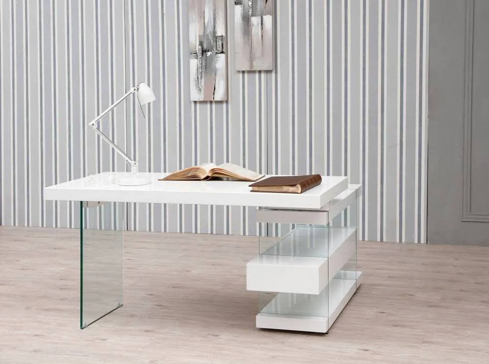 Angel Cerda White MDF Desk with Tempered Glass Legs & 2 Drawers 3