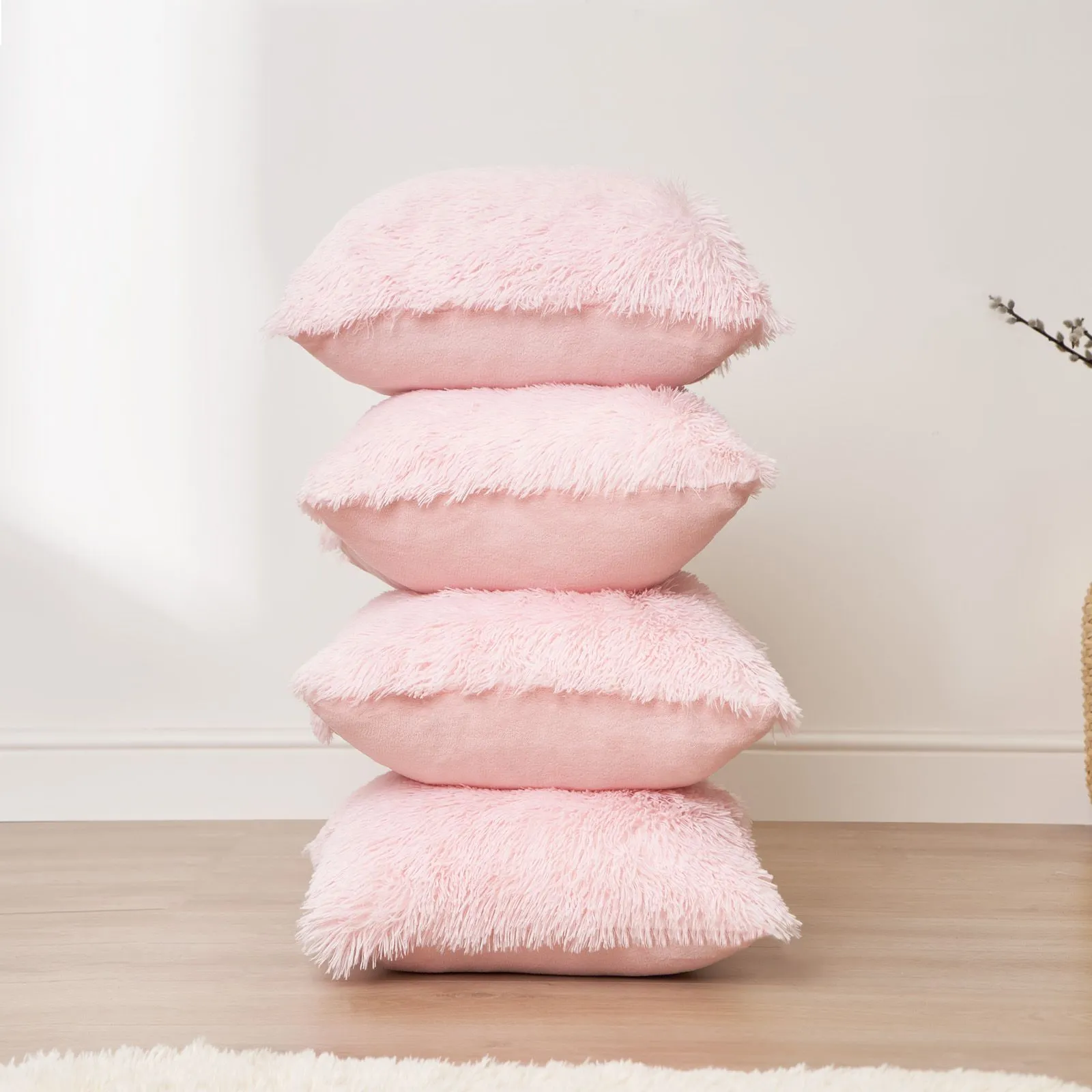 OHS Set of 4 Fluffy Shaggy Filled Cushion with Cover Square in Light Pink