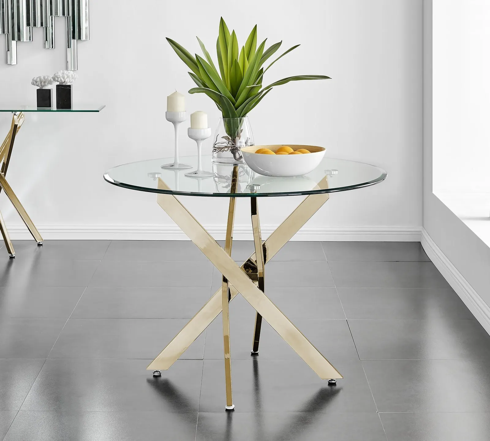 FurnitureboxUK Novara 100cm Round Tempered Glass Dining Table with Gold Legs & 4 Milan Velvet Chairs in Cream 2