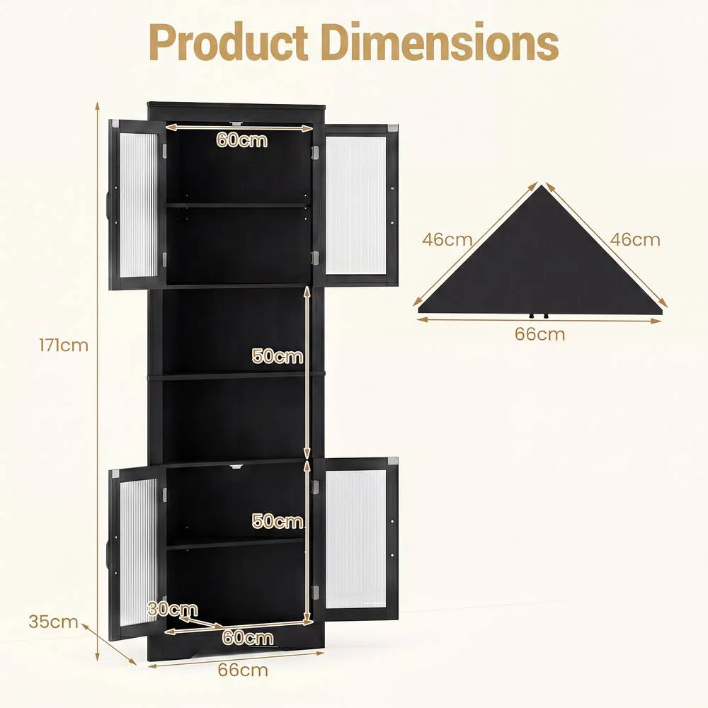 Costway 6-Tier Corner Storage Cabinet 170cm Tall Corner Hutch w/ 4 Glass Doors in Black 2