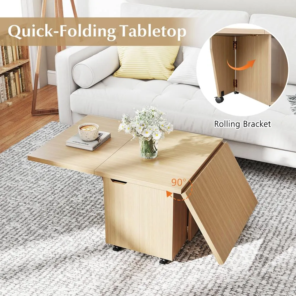 Costway 120cm Extendable Center Table Foldable Coffee Table w/Storage in Light Oak 5