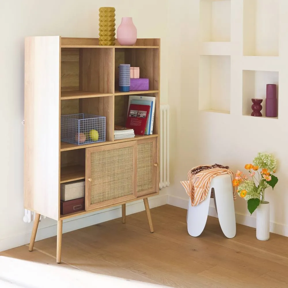 sweeek 5-shelf Bookcase Sliding Doors With Wood & Cane Effect in Light Brown 6