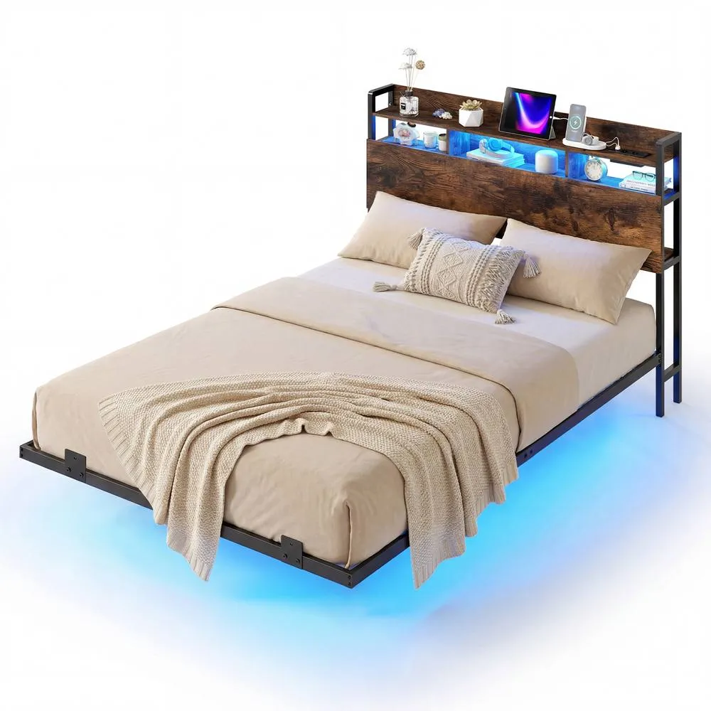 Costway King Size Floating Platform Bed Frame w/ LED Lights & Charging Station in Brown 3
