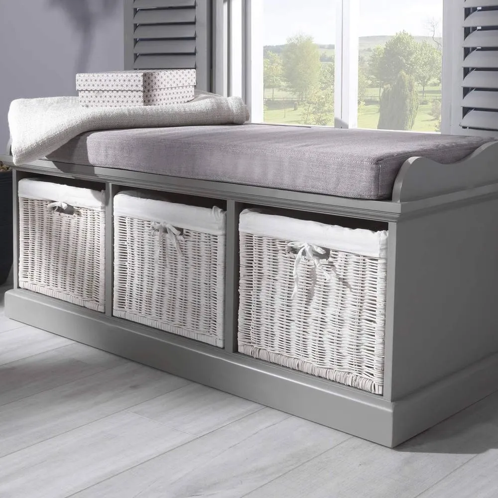 Statement Furniture Tetbury Bench with 3 White Wicker Baskets & Grey Cushion in Light Grey
