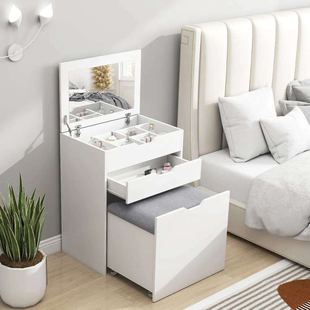 HOMCOM Dressing Table Set Flip up Mirror Stool Drawer & Compartments in White