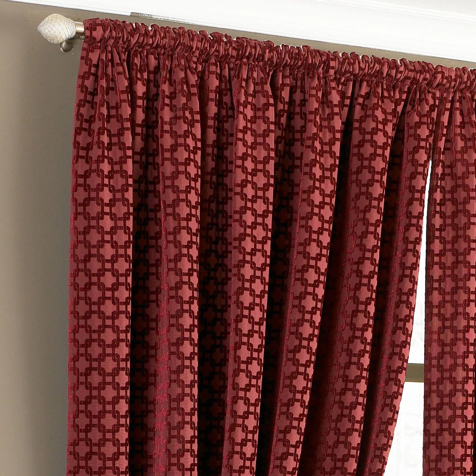 Paoletti Belmont Geometric Jacquard Pencil Pleat Curtains in Red 2