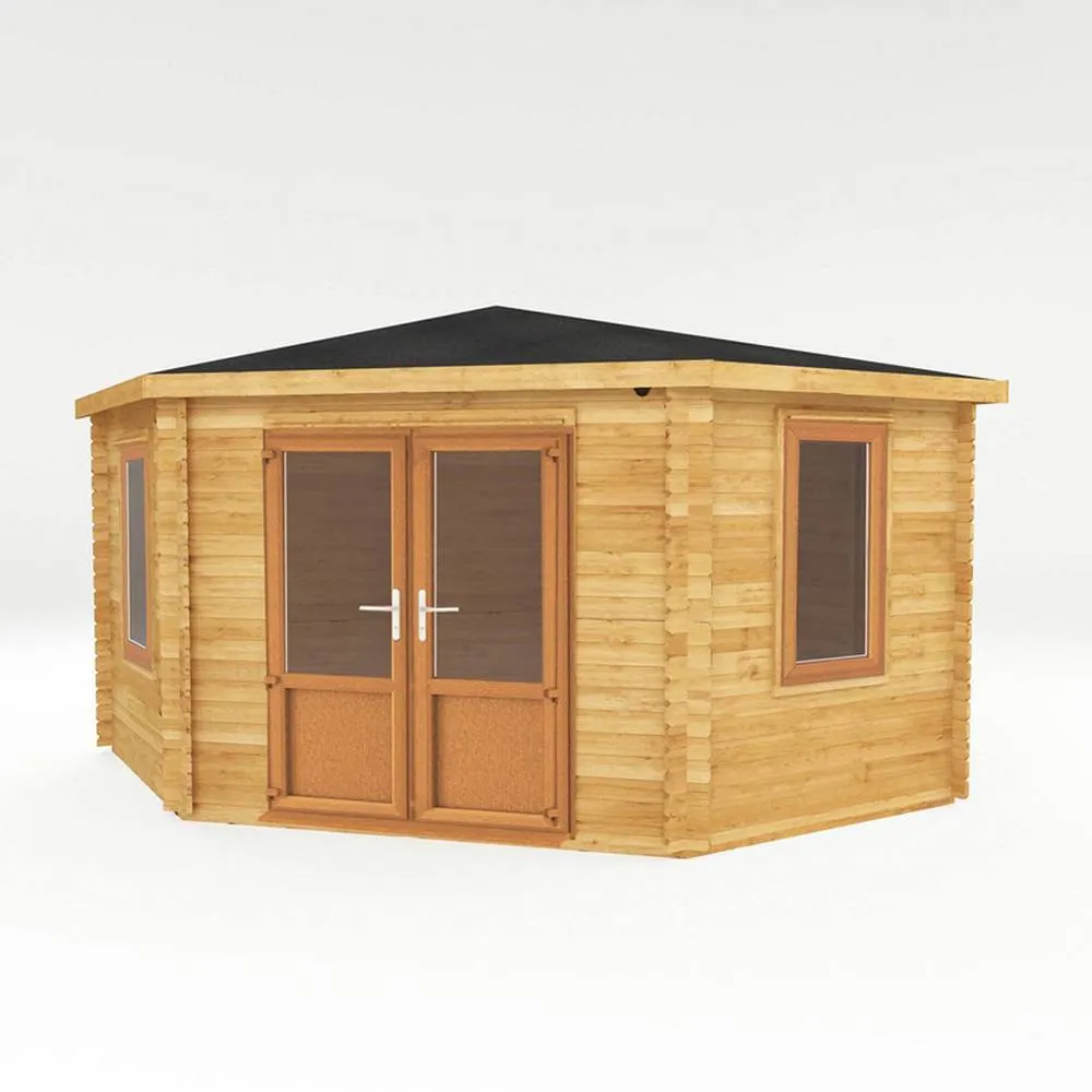 Mercia 44 mm Corner Cabin with Oak UPVC Windows & Doors, L415 x W409 x H287cm in Light Tan 3