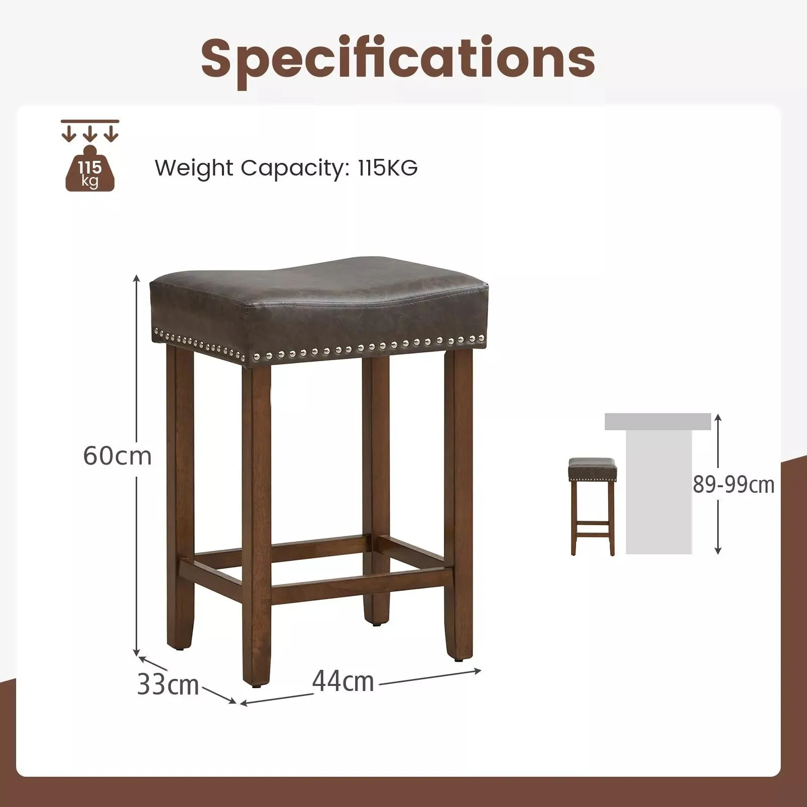 Costway Set of 2 Bar Stools Upholstered Counter Height Saddle Stools PU Leather 60cm in Grey 2