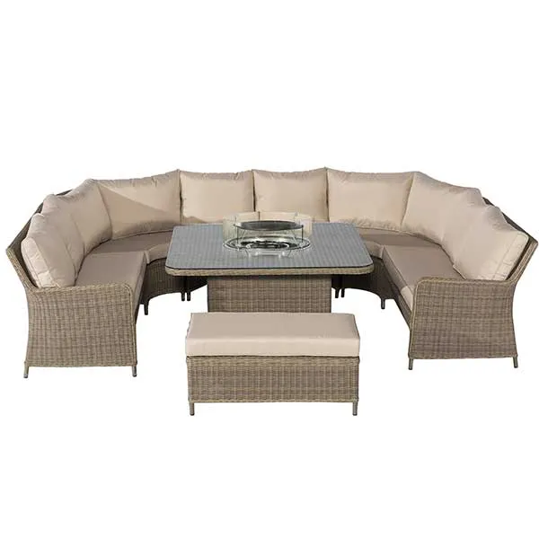Taransay Royal U Shaped Garden Set with Fire Pit in Natural Weave and Beige Fabric Cushions
