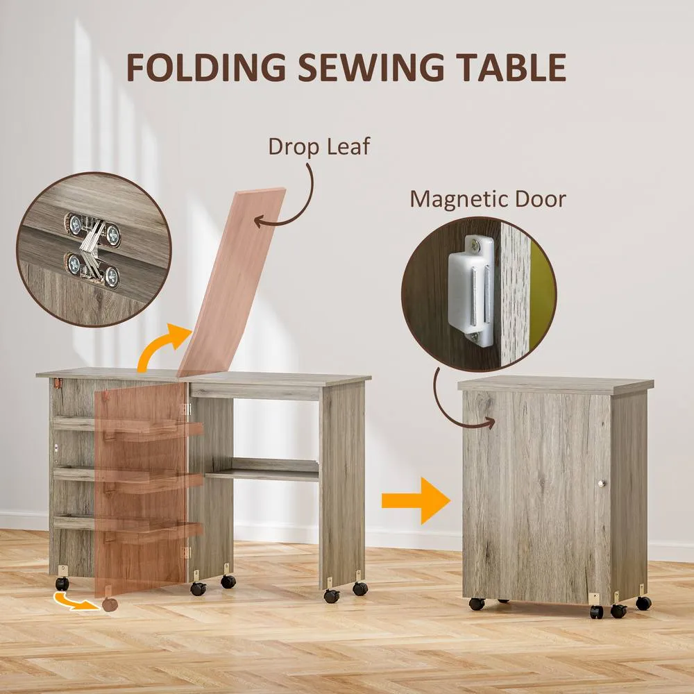 HOMCOM Folding Sewing Table Rolling Craft Table with Drop Leaf Wheels Grey 4