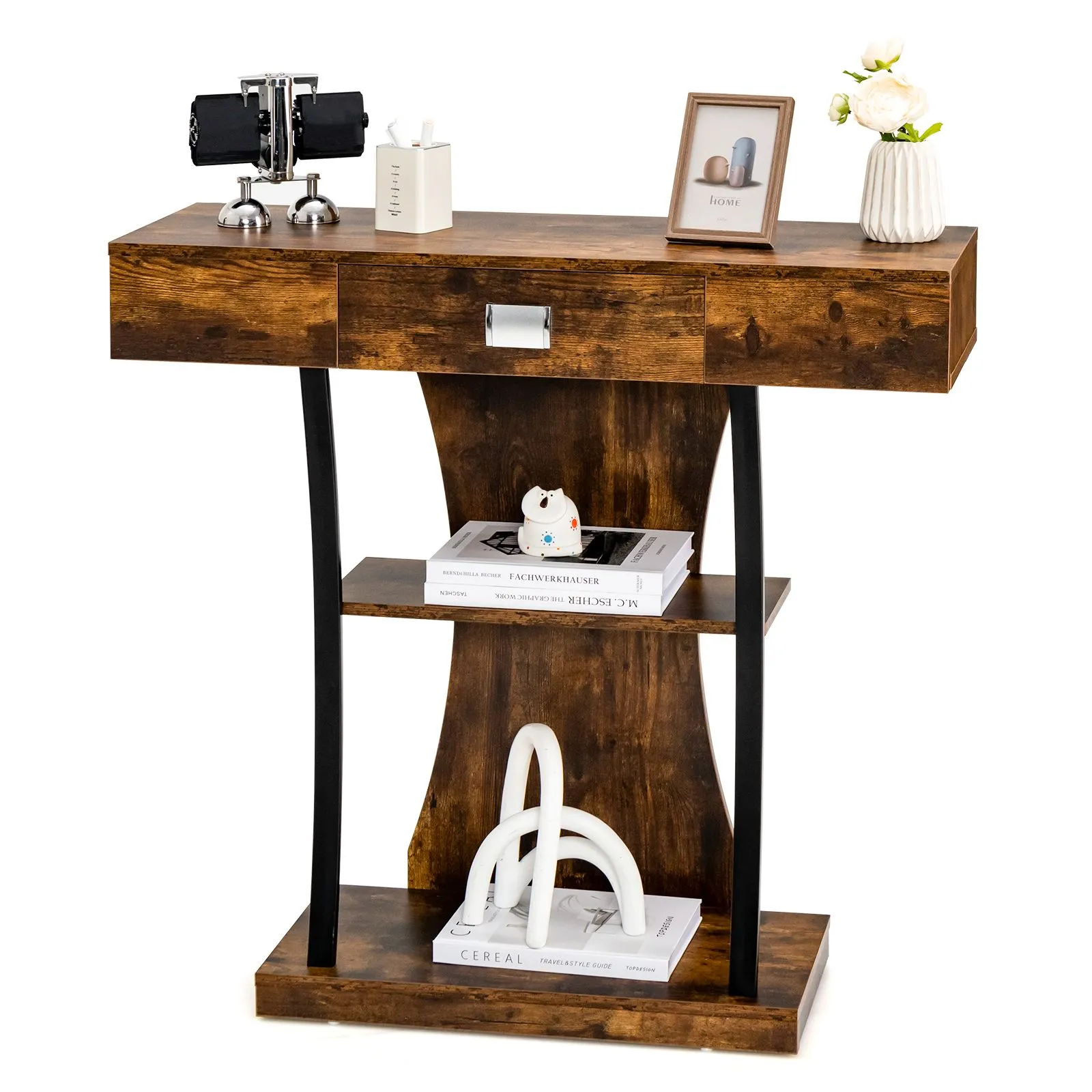 Costway T-Shaped Industrial Console Table Narrow Sofa Side Table Entryway Display Shlves in Brown
